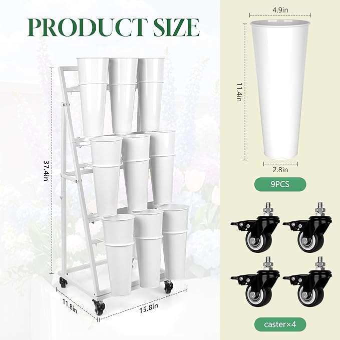 3FT Flower Display Stand with 9 Buckets,Metal Flower Bar Stand with Wheels,3 Layers Moving Florist Bouquet Shelf for Indoor Outdoor Garden,Flower Shop,Wedding,Party Decor (WHITE)