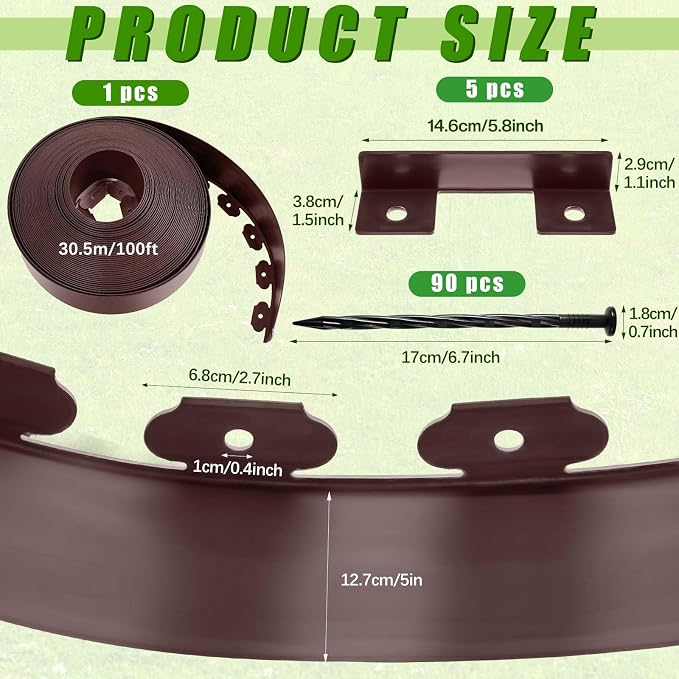 5'' x 100' Landscape Edging Kit Plastic Garden Edging Border Coil Include 90 Anchoring Spikes for Lawn Garden Grass Yard Home School,Brown