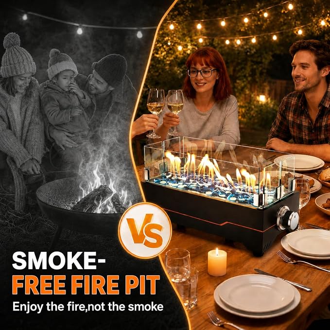 GRISUN Tabletop Fire Pit,15 Inch Propane Fire Pit Table,30000 BTU Table Top Firepit with Glass Wind Guard,Stainless Steel Burner,Fire Glass,Portable Propane fire Pit for Patio, Camping, Backyard & RV