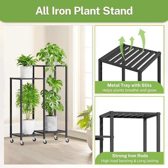 iDavosic.ly 4 Tier Plant Stand for Indoor Outdoor Set of 2, Folding Corner Orchid Pot Display Rack and Metal Tall Flower Holder Shelf with Wheels for Patio Porch Garden Balcony Bedroom