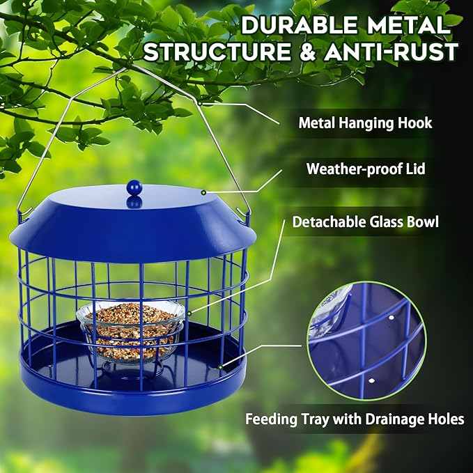 Gbekery Caged Bluebird Feeder for Mealworms with Glass Bowl, Squirrel Proof Bird Feeder for Small Birds Only, Detachable Hook, Large Space, Outdoors Weatherproof, Metal, Blue