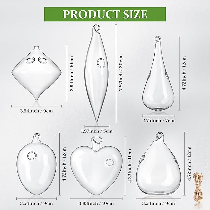 Zopeal 6 Set Wall Hanging Glass Planter Terrarium Propagation Station Vase Container Watering Squeeze Bottle with Rope and Hook for Hydroponic Plants Flower Home Decor Gifts (Classic Style)