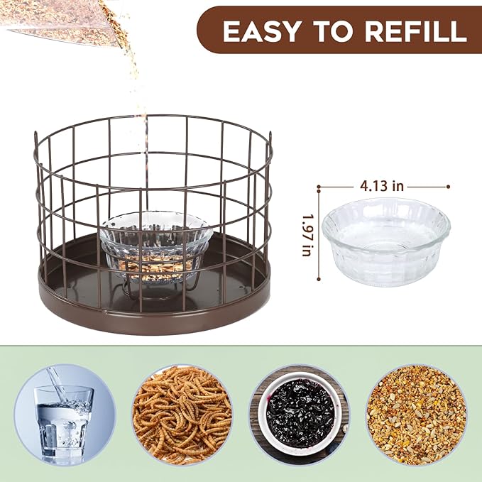 Gbekery Caged Bluebird Feeder for Mealworms with Glass Bowl, Squirrel Proof Bird Feeder for Small Birds Only, Detachable Hook, Large Space, Outdoors Weatherproof, Metal, Brown