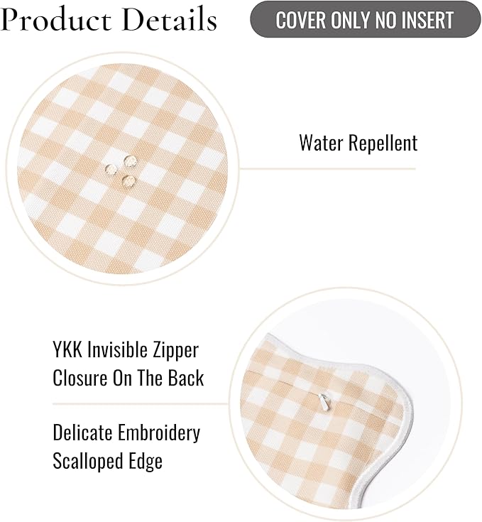 Hofdeco Premium Coastal Hampton Scalloped Patio Indoor Outdoor Lumbar Pillow Cover Only, 12"x20" Water Repellent for Backyard, Couch, Poolside, Neutral Tan Print Gingham