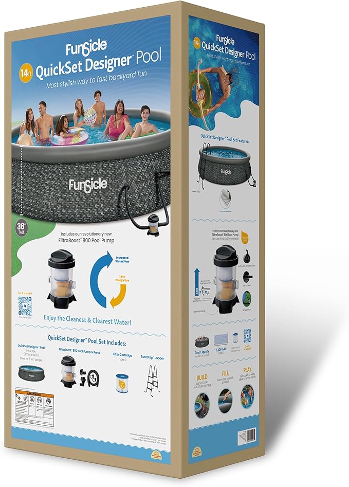 Funsicle Quickset Designer 14' x 36" Round Above Ground Swimming Pool, with FiltraBoost 800 GPH Filter Pump, Ladder, Type D Filter Cartridge & Repair Patch, Dark Herringbone