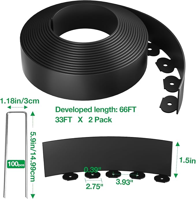 Bonviee 1.5 Inch x 66FT Garden Border Edging Kit with 100 Anchoring Spikes, Flexible Garden Edging for Landscaping, Flower Beds, Lawn, Yard, and Paver Pathways