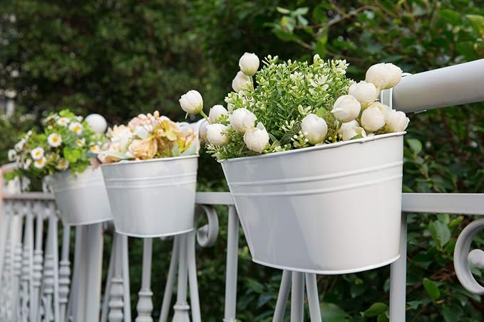 Dahey 4 Inches Hanging Flower Pots Metal Iron Bucket Planter for Railing Fence 10 Pcs and 5 inch Hanging Bucket Pots 5 Packs Window Flower Plant Holder with Detachable Hooks Indoor Outdoor Decor