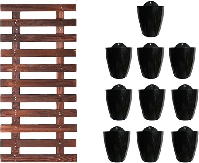 ShopLaLa Bundle- 1 Pack,23.6 Inch Wooden Plant Holder + 10 Pack, 4 Inch Black Self Watering Pot Wall Mount Hanging Indoor Hydroponic Garden Display Live Vertical Air Plant Succulent Frame Modern Decor