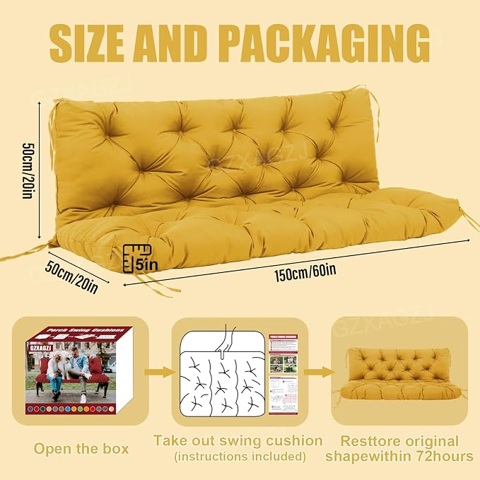 Porch Swing Cushions Outdoor 60x40 inch Waterproof Thicken 5" Outdoor Swing Replacement Cushions with Backrest and Ties Patio Swing Cushion for Outdoor Furniture Backyard Bench Garden(Yellow)