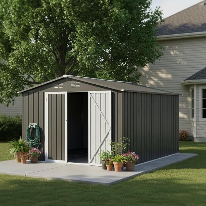 YOPTO 10x12 FT Sheds & Outdoor Storage,Metal Aluminum Garden Shed,with Punched Vents,Waterproof Cabinet w/Hinged Door and Padlock,Tool House for Storing Bicycles,Lawnmowers,Barbeques,Grey