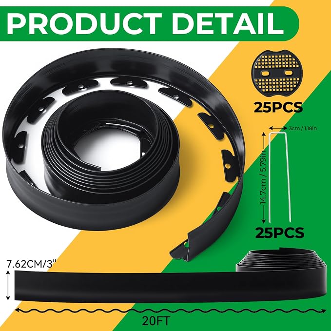 GOTGELIF Landscape Edging Border Kit No Dig, 3'' x 20FT, Black Garden Edging with 25 U-Shaped Nails for Lawn, Flower Beds, and Yard Borders