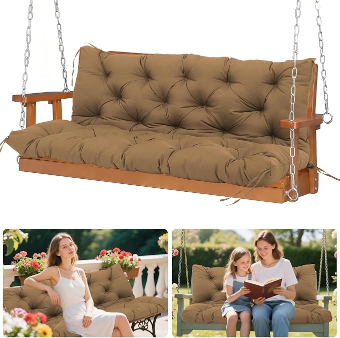 Outdoor Porch Swing Cushions Waterproof 2 Seater Extra 5" Thick Replacement Cushions with Backrest, Ties, Non-Slip Patio Furniture Cushions for Garden, Backyard(Brown 48×40×5inch)
