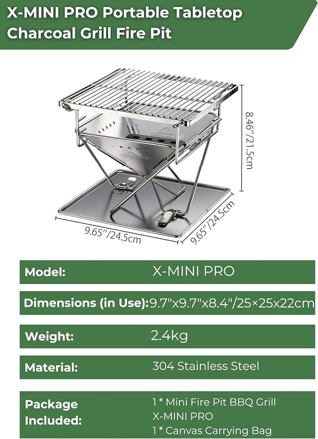 CAMPINGMOON Portable Charcoal Grill 9.65 Inch Stainless Steel Tabletop Grill Fire Pit 3 Level Adjustable Height Grill for Camping Outdoor Cooking Barbecue Carry Bag X-MINI-PRO