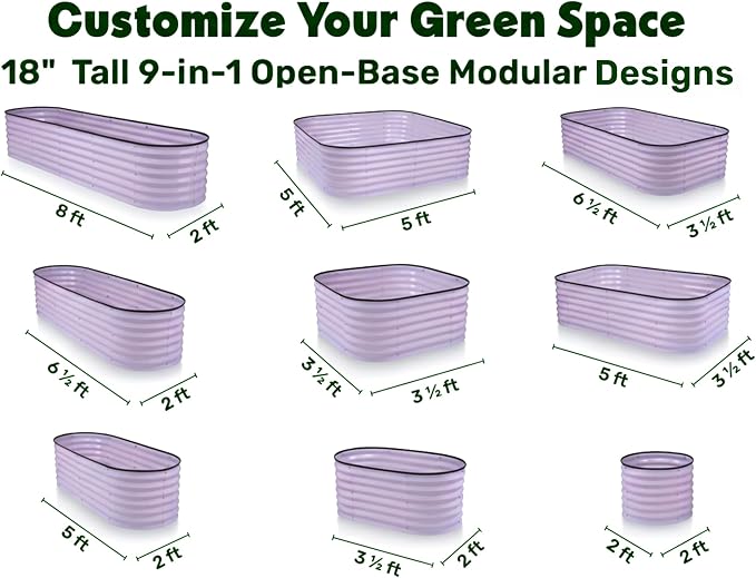 9-in-1 Galvanized Steel Raised Garden Bed // 8×2×1.5 ft Modular Planter for Gardening, Vegetables, Flowers // 18" Tall Metal Raised Garden Beds Outdoor (Lavender) // Patented Design Planter Box
