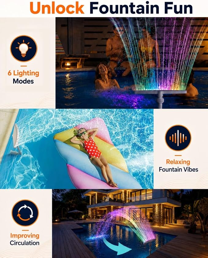 Solar Pool Fountain with 22 LED Lights, Dual-Head Waterfall Sprinkler, Remote Control, 11 Colors & 6 Modes, Adjustable Height & Direction for Above & In-Ground Pools