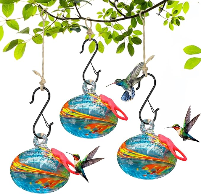 Pozfun Set of 3 Hummingbird Feeders for Outdoors Hanging,Hand-Blown Glass Hummingbird Feeder with Silicone Feeding Perch,Never Leak,Gardening Gifts for Woman Man(Blue)