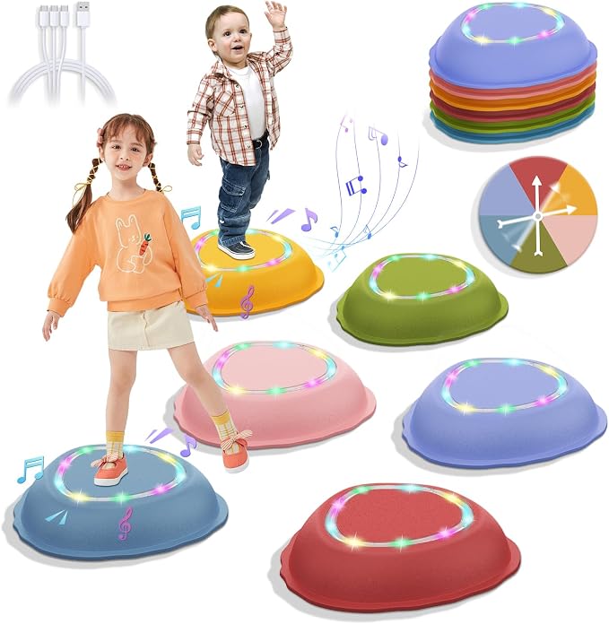 Rechargeable Stepping Stones for Kids, 6pcs Non-Slip Toddler Stepping Stones with Light&Music, Sensory Toys for Indoor and Outdoor Play, Gifts BalanceToys for Toddlers/Kids 3-5 Years Old