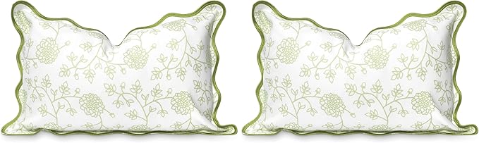 Hofdeco Premium Coastal Patio Indoor Outdoor Scalloped Lumbar Pillow Cover Only, 12"x20" Water Repellent for Backyard, Couch, Green Print Dahlia Floral (Pack of 2)