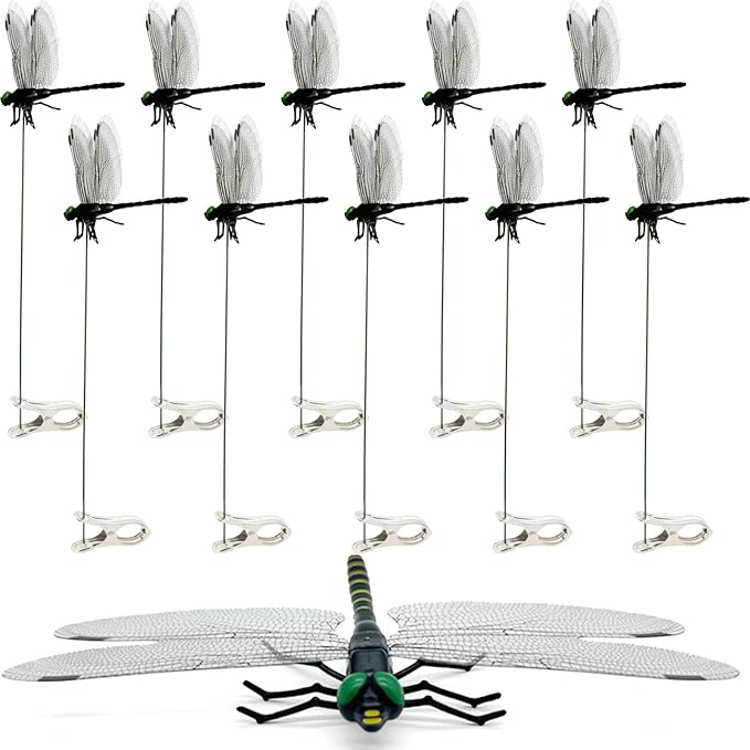 10 Pcs Black 3D Lifelike Dragonfly Clip & Garden Stake, Upgraded Detachable Fake Dragonfly Decor with Flexible PVC Wings, Nature-Inspired Outdoor Comfort Accessory for Hiking Hat, Camping and Patio
