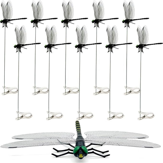 10 Pcs Black 3D Lifelike Dragonfly Clip & Garden Stake, Upgraded Detachable Fake Dragonfly Decor with Flexible PVC Wings, Nature-Inspired Outdoor Comfort Accessory for Hiking Hat, Camping and Patio