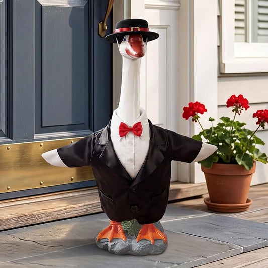 Porch Goose Statue with Gentleman Black Siut Outfits- 19.5" Garden Resin Goose Decorative Figurine Cute Sculpture for Outdoor Indoor Patio Lawn Yard Balcony Decor Housewarming Gifts