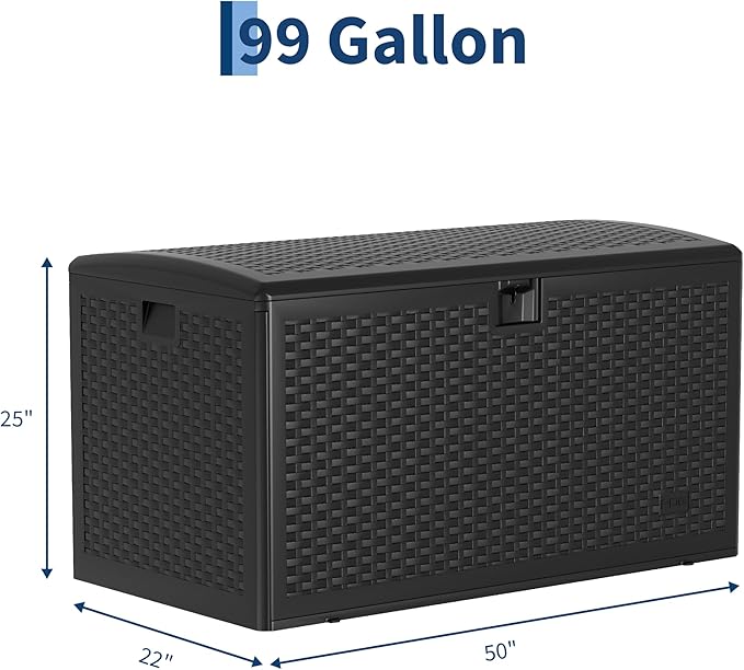 Large Resin Deck Box 99 Gallon with Lockable Lid, Waterproof Outdoor Storage Box and 500-Lb Bench Seat for Patio Cushions, Pool Toys, Garden Tools, Porch, Backyard, Deck, and Indoor Use
