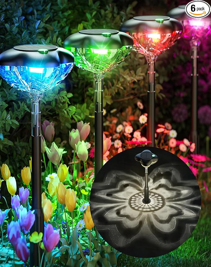 SFV 6 Pack Solar Pathway Lights Outdoor, Multicolor & Warm White Mode, Four-Leaf Clover, IP65 Waterproof, Auto On/Off, 1000mAh Landscape Lighting for Garden Yard Lawn Landscape