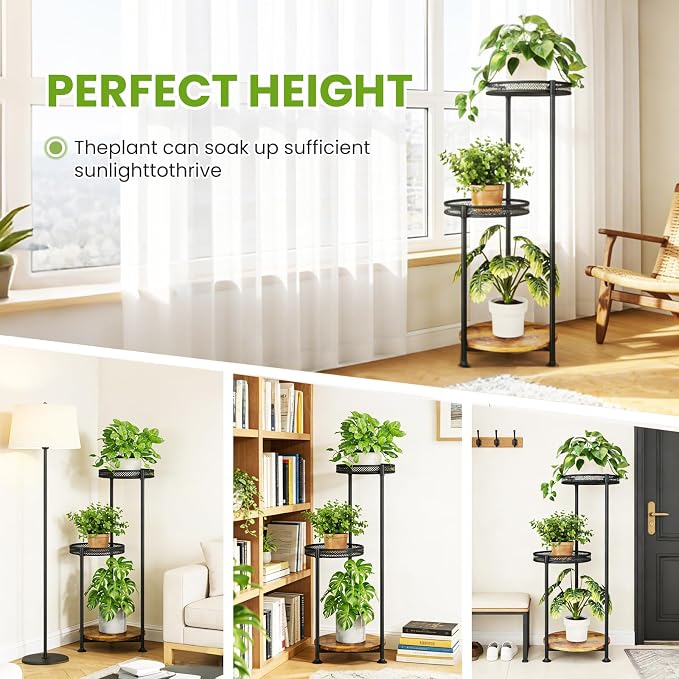 3 Tier Large Plant Stand Indoor Outdoor Clearance 10in Wide Metal Wood Plant Stand for Multiple Plants Black Tall Narrow Plants Display Organizer for Corner Living Room Porch Patio Garden Office