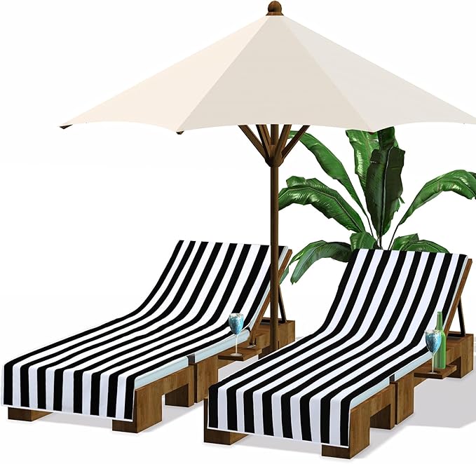 Fumete 2 Pack Lounge Chair Covers 30 x 85 Inch Pool Chaise Lounge Towels Microfiber Beach Chair Towel Portable Striped Outdoor Patio Furniture Cover for Sunbathing Picnic Spa(Black)