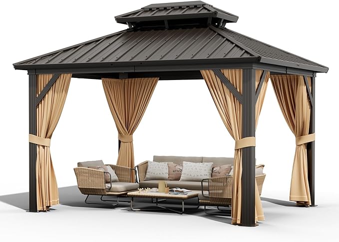 12 x 20 ft Hardtop Gazebo, Heavy Duty Galvanized Aluminum Frame Double Roof Outdoor Pavilion, Faux Wood Grain Metal Roof Gazebo with Netting & Privacy Curtains, Brown Patio Canopy Shelter for Backyard
