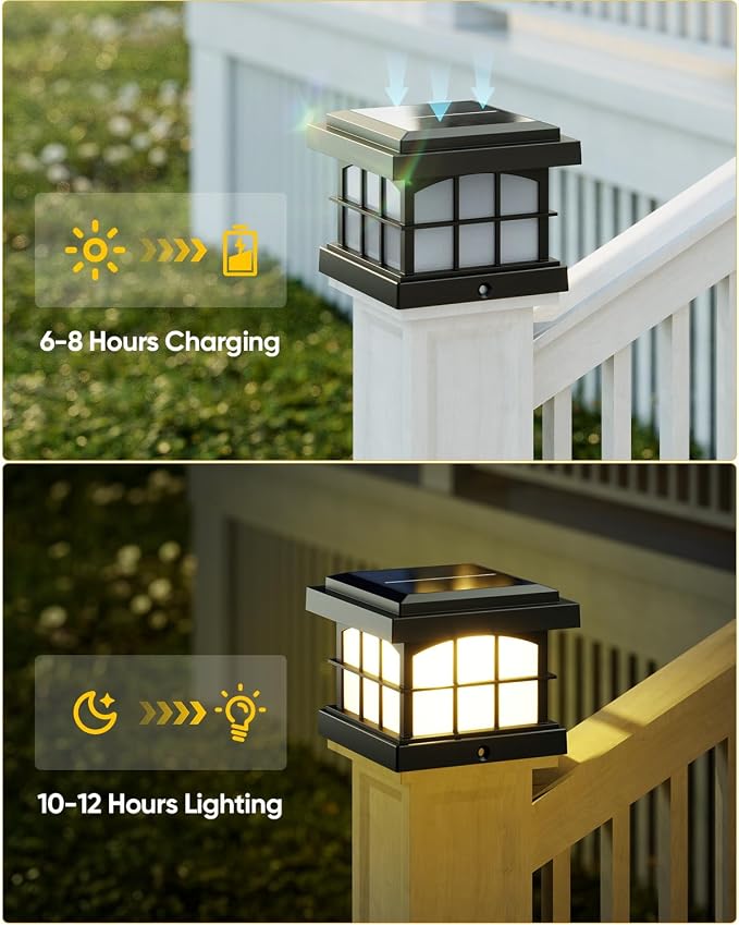 PARTPHONER RGBCW Solar Post Cap Lights 2-Pack, 9 Colors 3 Modes Fence Cap Lights, Bright Solar Outdoor Waterproof LED Deck Lighting for Fence Garden Deck Patio Porch Decor 4x4 Vinyl/Wood, Black