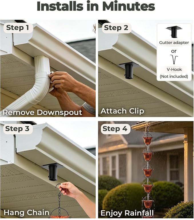 Copper Rain Chain for Gutters, 12 Cup Tulip Decorative Water Feature, 8FT 8IN Adjustable Metal Chain Rain Diverter for Outdoor Garden Décor with Crystal Accent