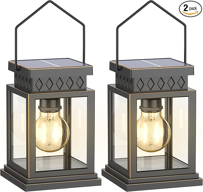 2 Pack Farmhouse Solar Lanterns ,Glass Solar Lights Bulb ,Outdoor Waterproof Upgraded Solar and 2 AA Batteries Powered, for Outside Porch, Patio and Indoor Tables, Mantelpiece.