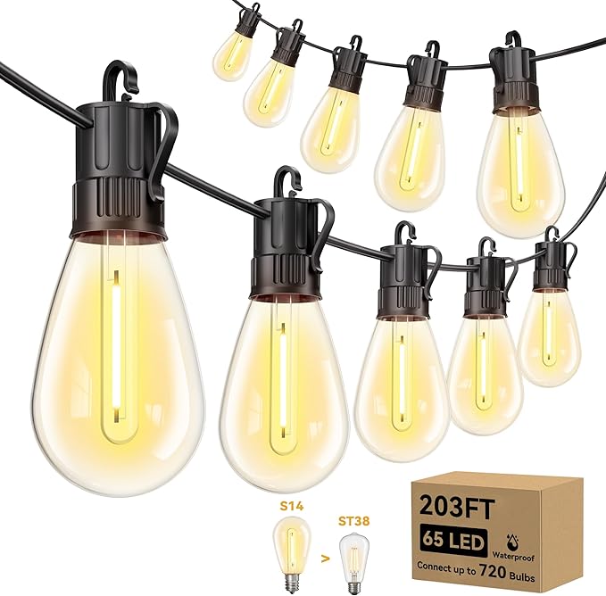 Minetom 203FT Outdoor String LED Patio Lights Waterproof,65 Shatterproof S14 Vintage Edison Bulbs,Commercial Grade Outside Hanging Lights Waterproof for Porch Deck Garden Backyard Balcony Cafe Bistro