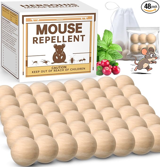 Rodent Repellent 48 Balls, Mouse Repellent Indoor & Outdoor, Mice Repellent with Peppermint Oil, Rat Repellent for House, Garage, RV, Rodent Deterrent for Attic, Basement & Car