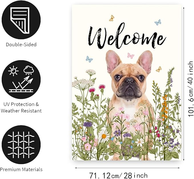 Floral French Bulldog Garden Flag Spring Summer House Flags 28 x 40 Double Sided Flower Dog Yard Flags for Outside Large Outdoor Welcome Flags