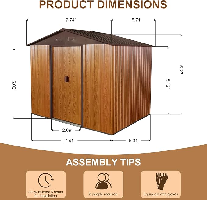 8FT x 6FT Outdoor Metal Storage Shed, Galvanized Steel Garden Shed with Lockable Sliding Door, Ventilated Tool Storage House with Foundation Kit, UV Resistant Backyard Shed forPatio Storage, Coffee