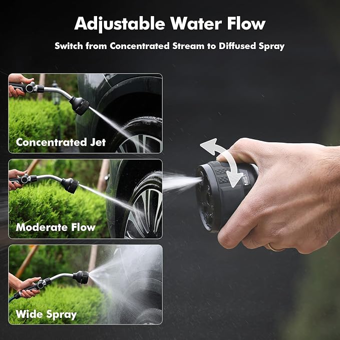 RESTMO Watering Wand, Heavy Duty Metal Garden Hose Wand for Outdoor | 2-in-1 Twist Control, 9 Spray Patterns, TPR Rubber Coating, Thumb Control, Ideal to Water Hanging Baskets and Shrubs, Black