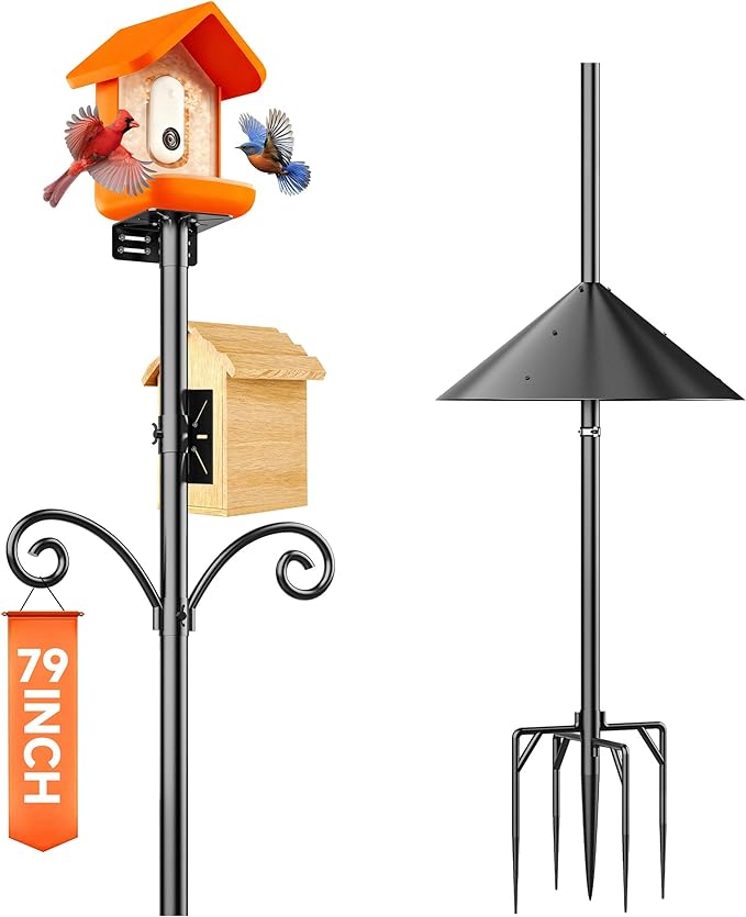 Smart Bird Feeder Pole Stand with Proof Squirrel Baffle - Dia 1 Inch Bird House Pole Mount 79", Double Shepherds Hooks Component, Install 2 Bird Houses, Feeding Station for Outdoors Heavy Duty