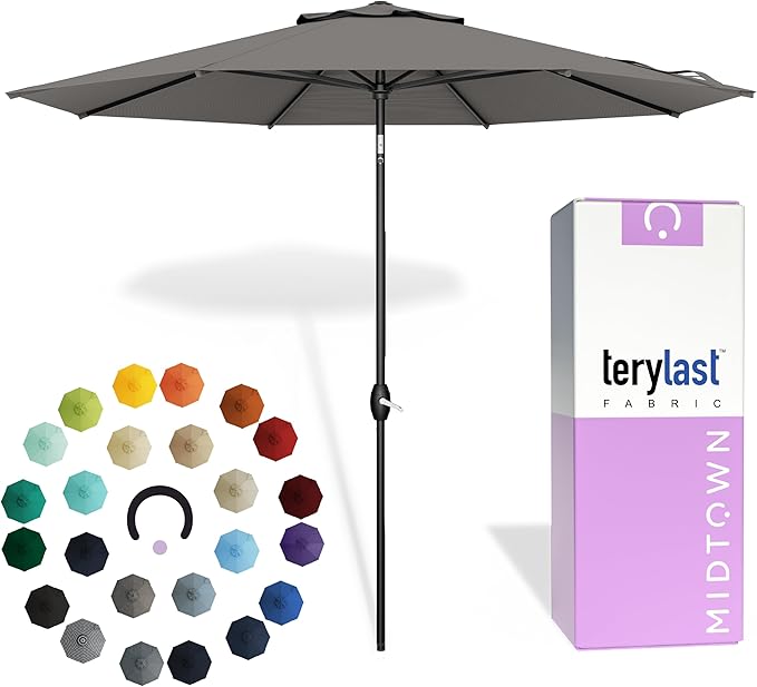 Midtown Umbrellas - 10-Year-No-Fade 6 Ft Patio Umbrella with Terylast Fabric, Auto-Tilt Aluminum Frame and 8 Reinforced Ribs for Deck, Pool, Garden & Beach - Dark Grey Canopy, Black Pole