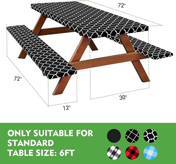 Picnic Table Cover with Bench Covers, Fitted 6ft Waterproof Tablecloth Set for Outdoor Camping & RV - Includes 1 Table Cover & 2 Bench Covers with Drawstring Storage Bag, 30"x72", Morocco Black