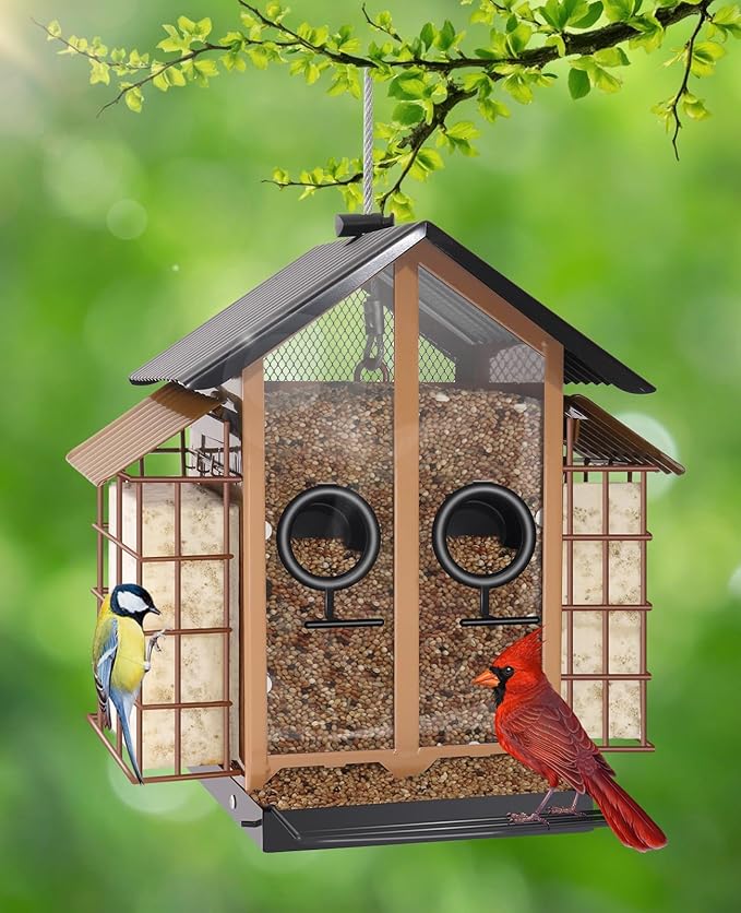 Weatherproof Bird Feeders for Outdoors - 4Lbs Large Metal Suet Feeder for Cardinal Finch, Garden Decor (Khaki)
