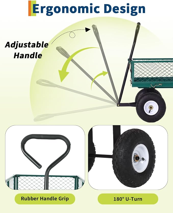 Garvee Versatile Outdoor Utility Cart-400LBS Heavy-Duty, 10" All-Terrain Pneumatic Tires, Easy Maneuverable Lawn Cart with Removable Mesh Panels for Gardening&Landscaping, Green, with Waterproof Liner