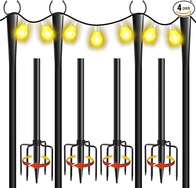 4 Pack 10Ft String Light Poles, Metal Poles with Fork for Outside Lights,Outdoor Metal Light Stand with Fence Brackets Hanging Lights for Garden Patio Wedding Backyard