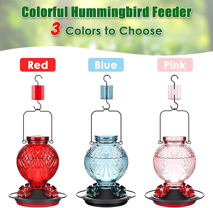 Glass Hummingbird Feeder for Outdoors Hanging, 20oz Bird Nectar Feeder with 4 Bee Guard Flower-Shaped Ports & Built-in Ant Moat, Easy to Clean, for Bird Lover,1 Pack, Pink
