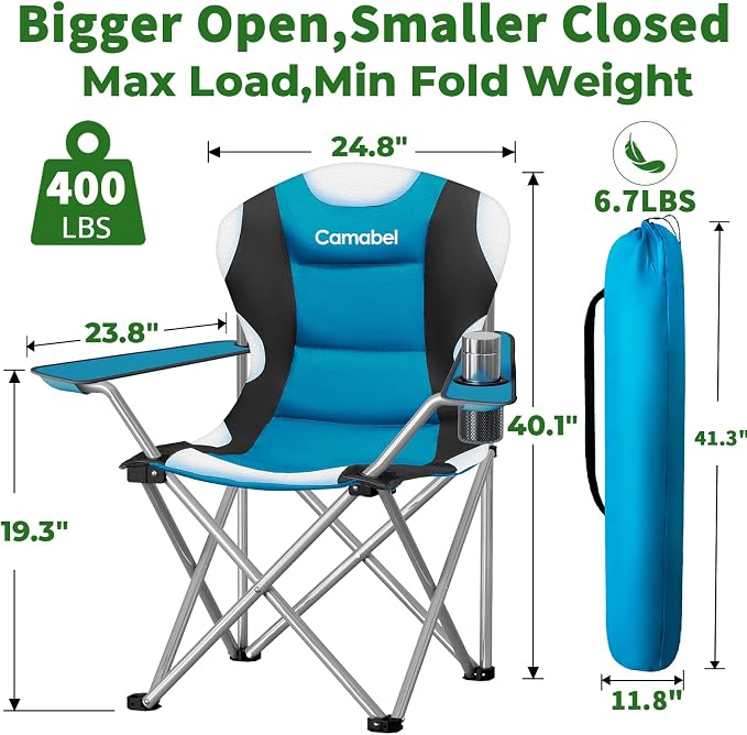 Camabel Folding Camping Chairs Oversized Heavy Duty Padded 400 LBS Beach Chair Portable Outdoor Lawn Chairs with Cup Holder Carry Bag for Sporting Hiking Picnics Fishing Deep Lake Blue