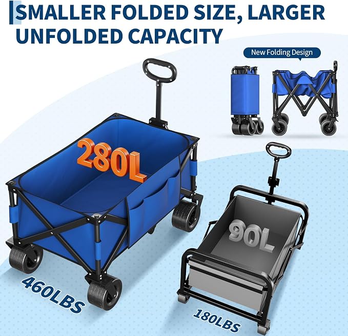 Wagon Carts Foldable, 460LBS Weight Capacity 280L Collapsible Wagon with All-Terrain Wheels, Drink Holders, Storage Cover&Elastic Rope, Utility Carts for Groceries, Shopping, Camping, Sports -Blue