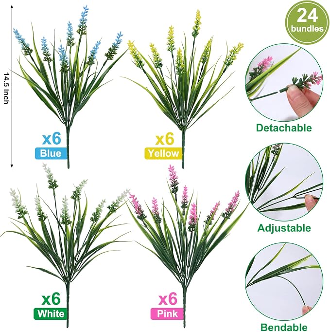 24 Bundles Artificial Lavender Flowers for Outdoor, UV Resistant Faux Plants with 4 Mixed Colors (Light Blue, White, Pink, Yellow), Realistic Fake Outdoor Flowers for Garden Porch Window Box Decor