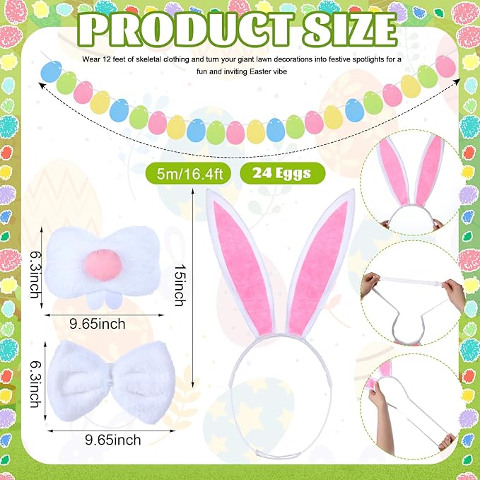 Suzile 4 Pcs 12 ft Skeleton Easter Bunny Accessories Extra Large Easter Headband Bunny Nose Bowtie Decoration Egg Garland for 12 ft Skeleton Outfit Garden Lawn Spring Outdoor Decor