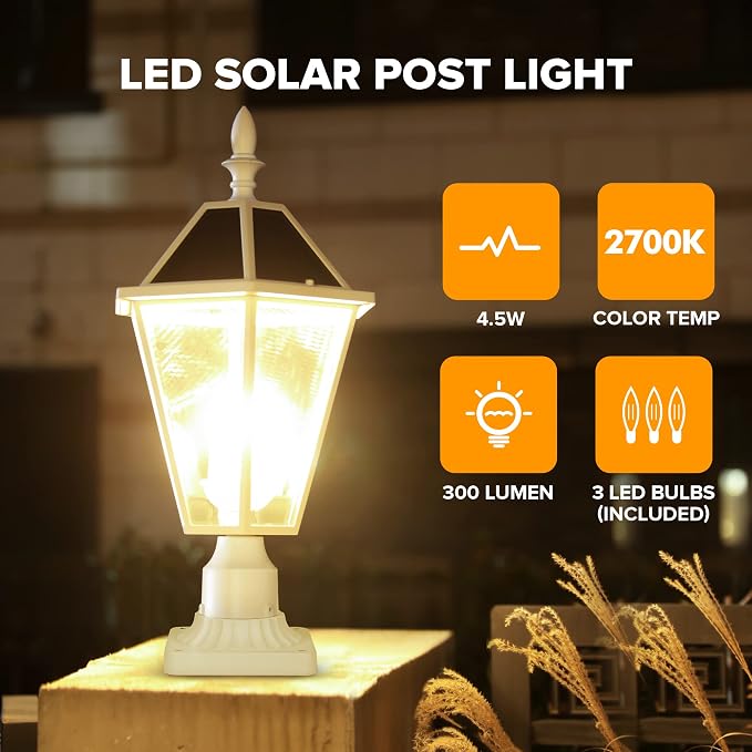 LUTEC LED Post Solar Light Outdoor,Dusk to Dawn Vintage Street Lights, 300LM, 2700K,Cast Aluminum Solar Pole Lights for Garden Pathway Yard Exterior - White (Base Not Included)